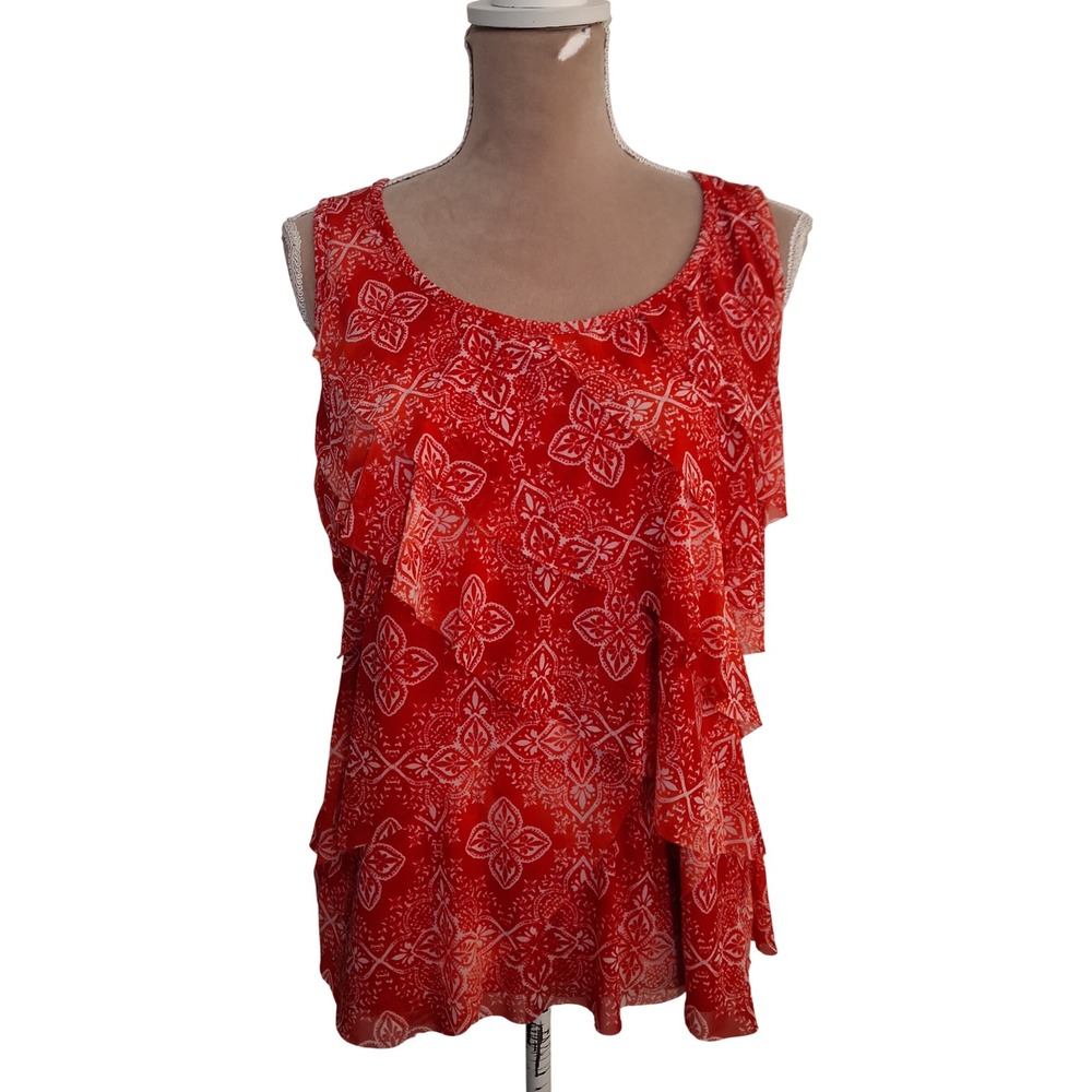 Westport Womens Red White Medallion Tiered Ruffle Sleeveless Blouse Petite XL